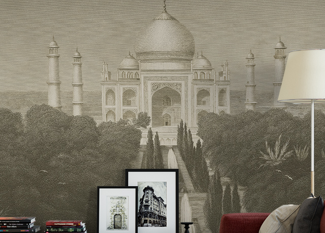 Living room with Taj Mahal-themed Vintage Wallpaper for Accent Walls, featuring framed art and modern red furniture.
