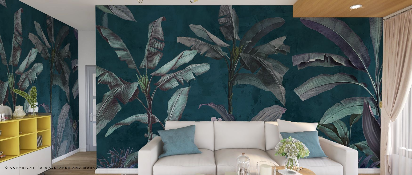 living-room-with-tropical-themed-peel-and-stick-wallpaper-featuring-large-banana-leaves-highlighting-peel-and-stick-vs-traditional-wallpaper Living room with tropical-themed peel and stick wallpaper featuring large banana leaves, highlighting peel and stick vs. traditional wallpaper.