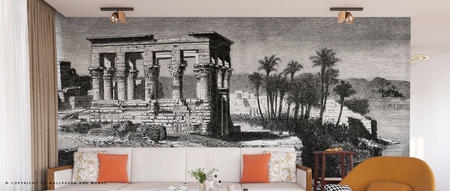Living room with Vintage Wallpaper for Small Spaces featuring an ancient Egyptian temple scene, paired with modern decor.
