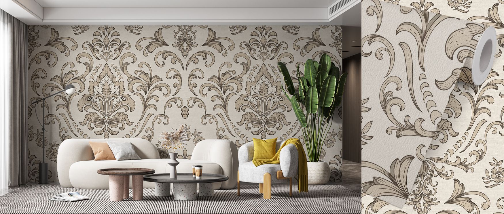 living-room-with-white-sofa-coffee-table-and-large-plant-in-front-of-benefits-of-using-beige-wallpaper-in-small-spaces-featuring-ornate-floral-patterns Living room with white sofa, coffee table, and large plant in front of Benefits of using Beige Wallpaper in Small Spaces featuring ornate floral patterns.