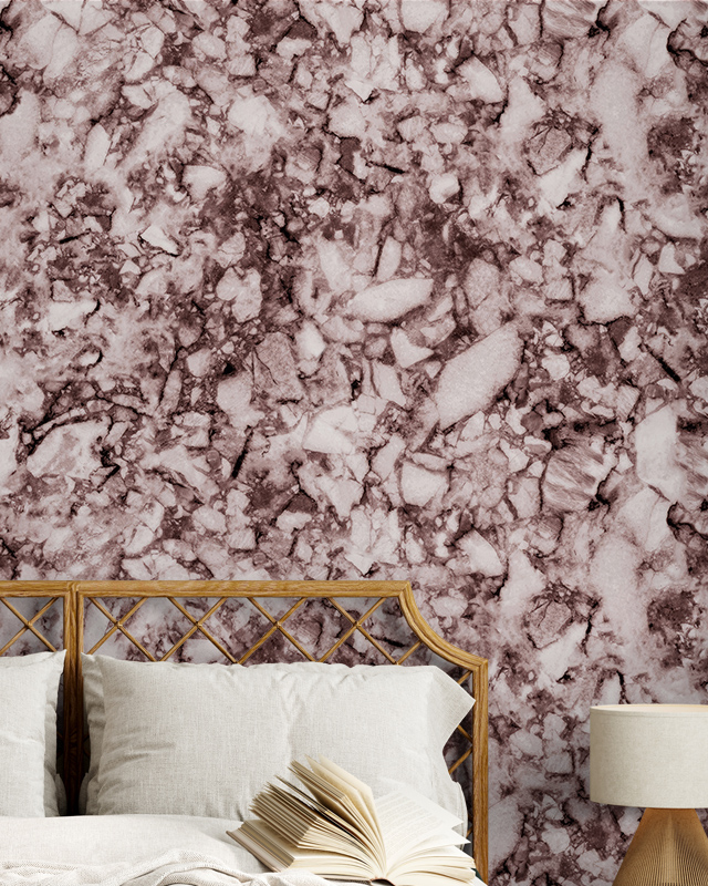 marble-patterned-peel-and-stick-wallpaper-trends-featured-behind-a-wicker-bed-frame-with-a-book-and-bedside-lamp Marble-patterned Peel and Stick Wallpaper trends featured behind a wicker bed frame with a book and bedside lamp.