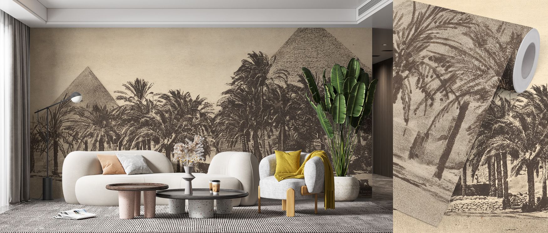 modern-interiors-with-vintage-wallpaper-depicting-palm-trees-and-pyramids-with-a-white-sofa-plant-and-round-tables-in-front Modern Interiors with Vintage Wallpaper depicting palm trees and pyramids, with a white sofa, plant, and round tables in front.