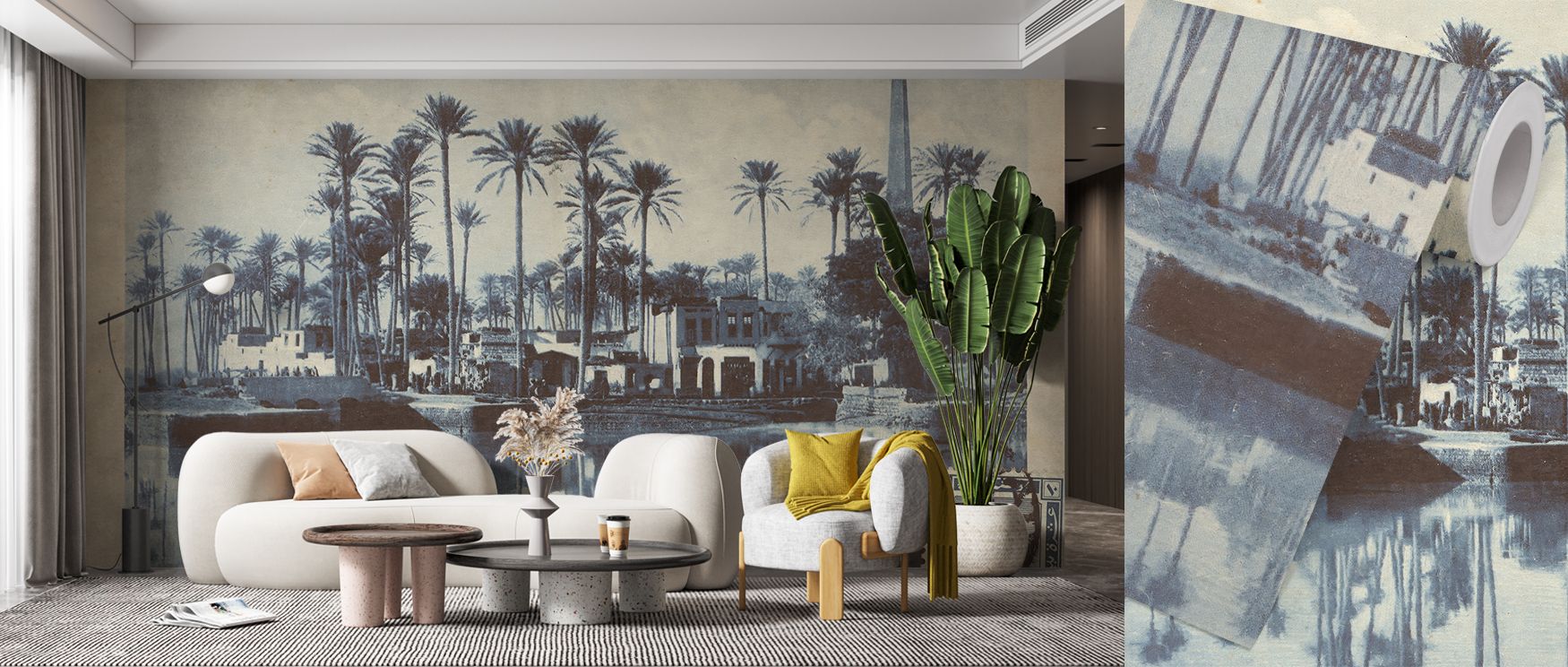 modern-interiors-with-vintage-wallpaper-featuring-palm-trees-houses-and-water-with-a-white-sofa-and-large-plant-in-front Modern Interiors with Vintage Wallpaper featuring palm trees, houses, and water, with a white sofa and large plant in front.