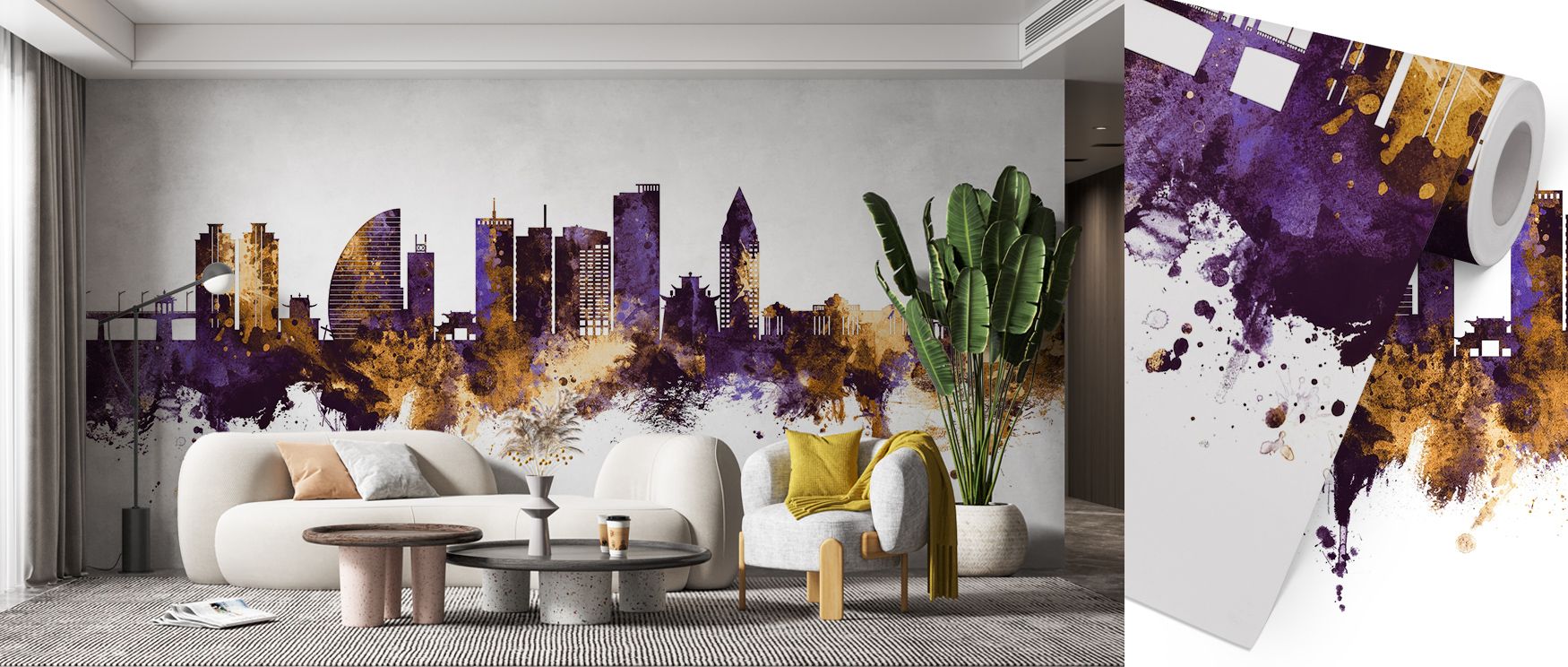 Modern office wallpaper designs featuring an abstract purple and gold city skyline behind a stylish white sofa.