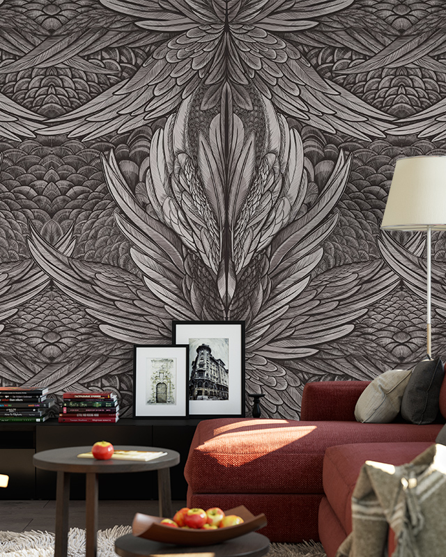monochrome-feathered-wallpaper-design-in-a-modern-living-room-perfect-for-william-morris-vs-modern-wallpaper-styles-comparison Monochrome feathered wallpaper design in a modern living room, perfect for William Morris vs. Modern Wallpaper Styles comparison.