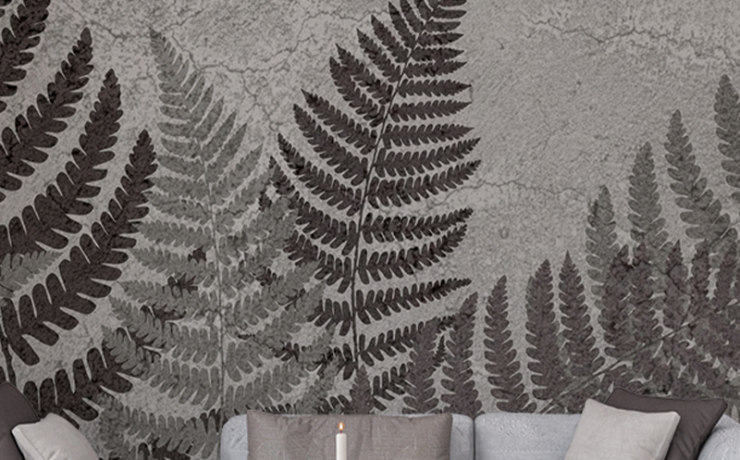 Monochrome fern-patterned wallpaper for small offices, creating a calm and minimalist atmosphere with natural textures.