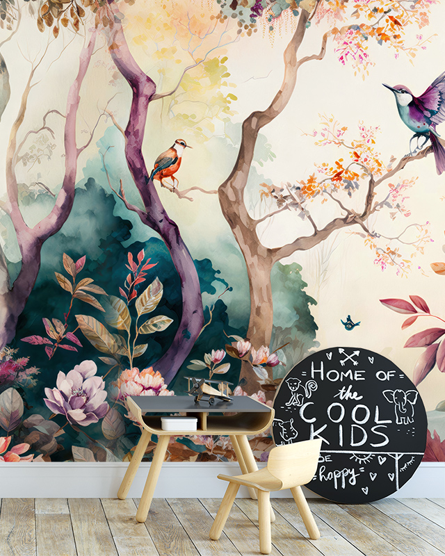 Nursery with a children's table, chair, and chalkboard in front of Beige Wallpaper for nursery featuring colorful trees, birds, and flowers.