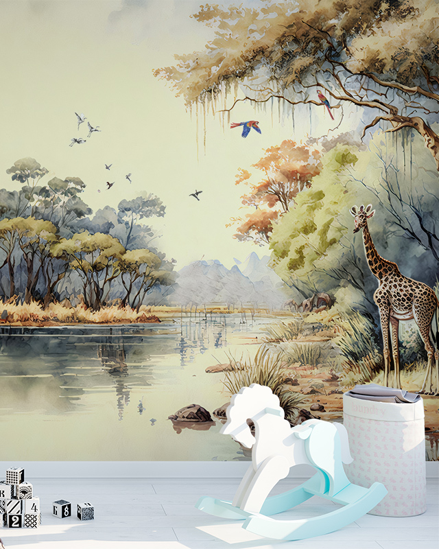 Nursery with a rocking horse, toys, and Beige Wallpaper for nursery featuring a scenic safari with trees, birds, and a giraffe.