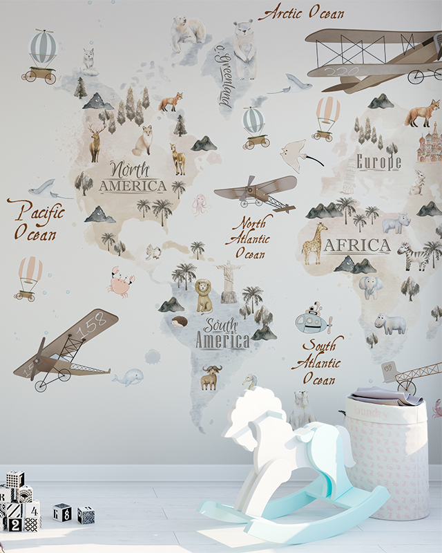 Nursery with rocking horse, toys, and Beige Wallpaper for nursery featuring a world map with animals and airplanes.