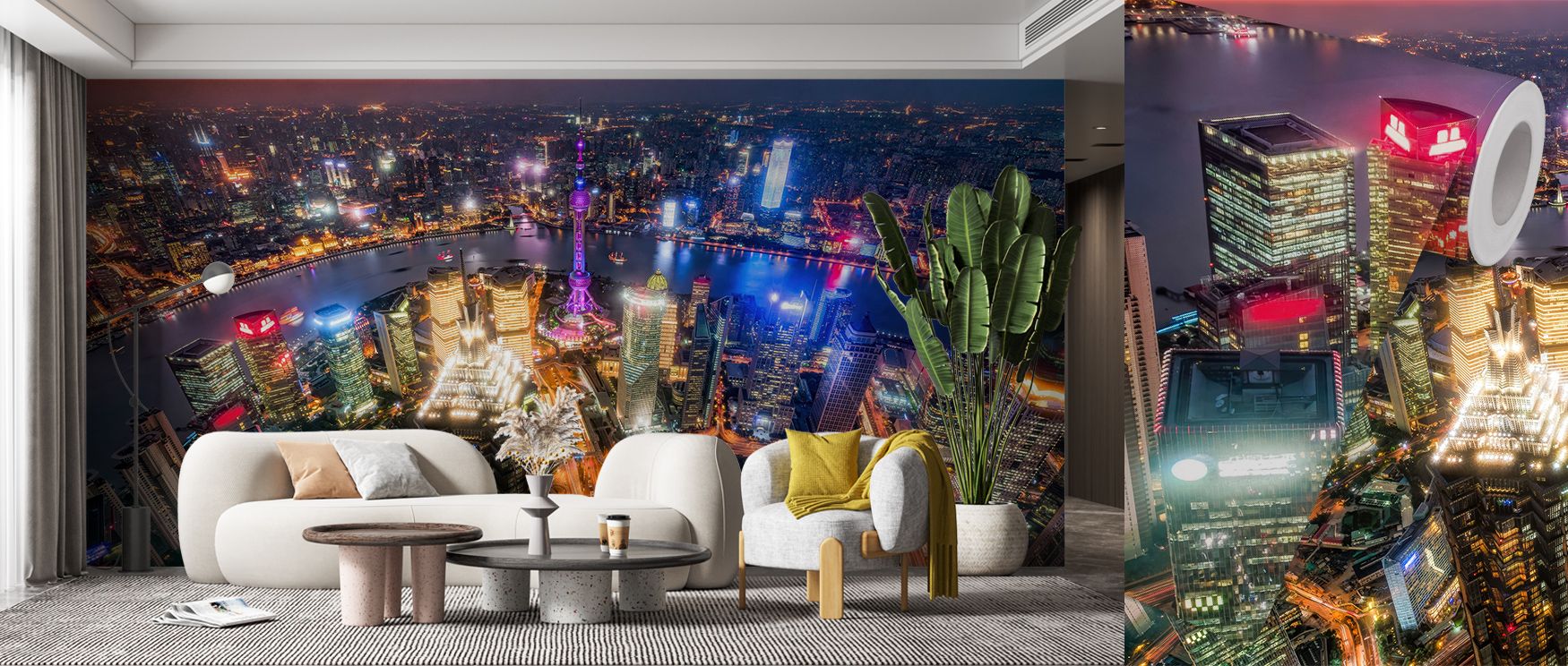 Office wallpaper ideas for productivity featuring a stunning aerial view of a vibrant, illuminated city skyline at night.