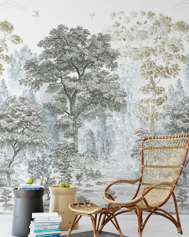 peel-and-stick-wallpaper-trends-featuring-a-detailed-forest-landscape-with-wicker-chair-and-side-tables-in-the-foreground Peel and Stick Wallpaper trends featuring a detailed forest landscape, with wicker chair and side tables in the foreground.