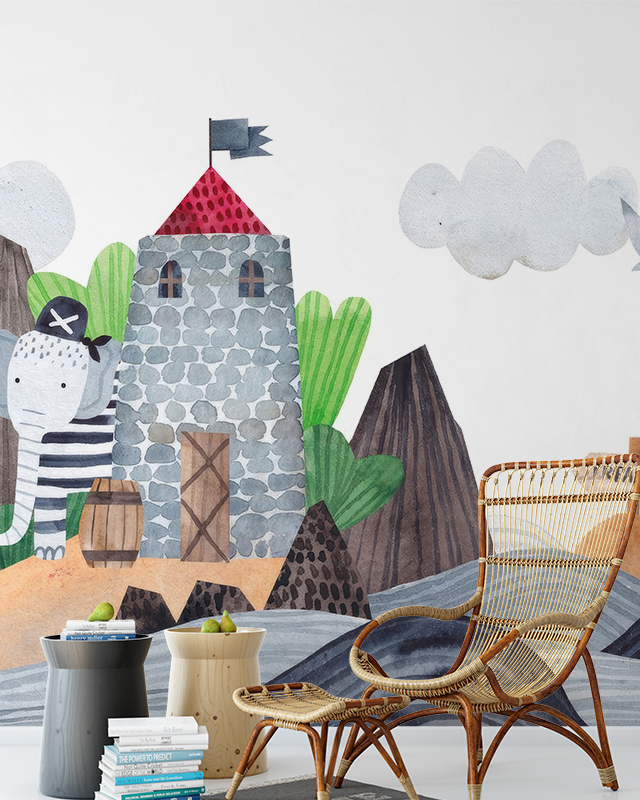 Playful pirate-themed wallpaper featuring a castle and elephant, ideal for designing accent walls with teens room wallpaper.