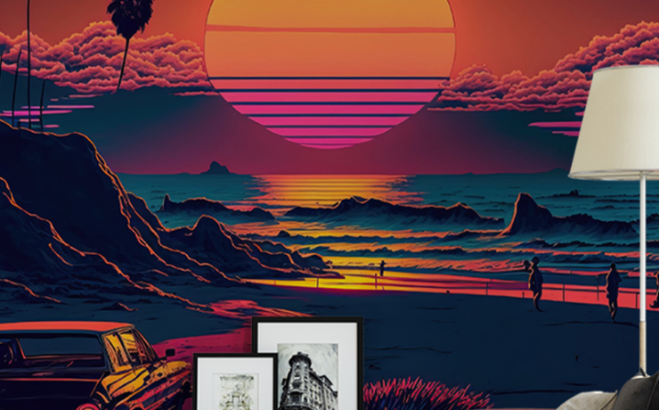 Popular themes for teens room wallpapers featuring a vibrant retro sunset beach scene with bold colors and silhouettes.