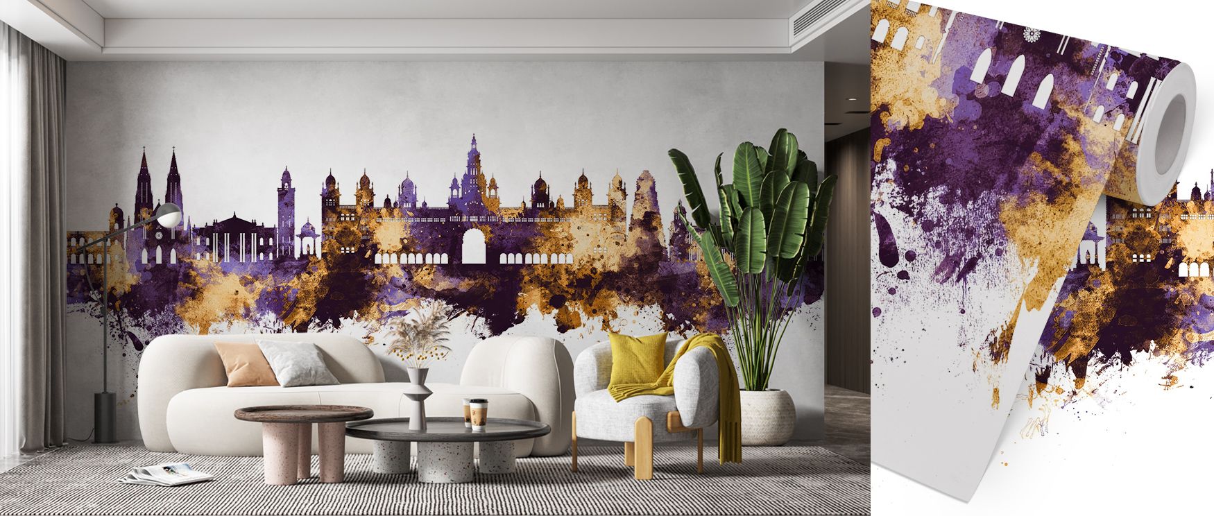 purple-and-gold-skyline-mural-used-as-office-wallpaper-for-branding-adding-a-creative-and-bold-design-statement Purple and gold skyline mural used as office wallpaper for branding, adding a creative and bold design statement.