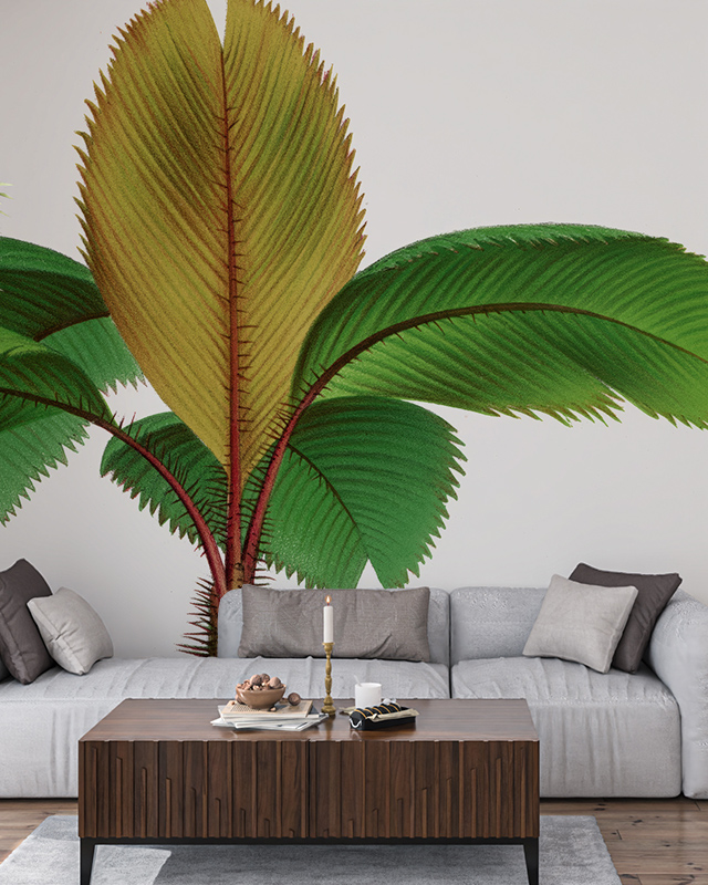 retro-60s-70s-vintage-wallpaper-with-large-tropical-leaf-design-a-modern-sofa-and-wooden-coffee-table-in-front Retro 60s & 70s Vintage Wallpaper with large tropical leaf design, a modern sofa, and wooden coffee table in front.
