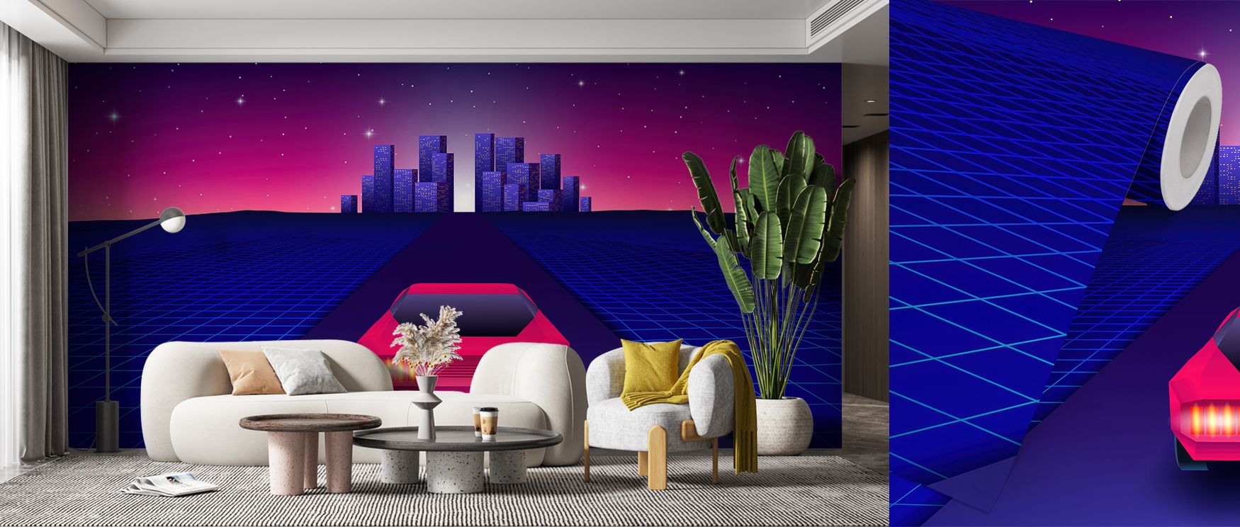 retro-futuristic-cityscape-with-neon-grid-and-car-perfect-boys-teens-room-wallpaper-set-behind-modern-furniture-and-plants Retro-futuristic cityscape with neon grid and car, perfect Boys Teens Room Wallpaper, set behind modern furniture and plants.