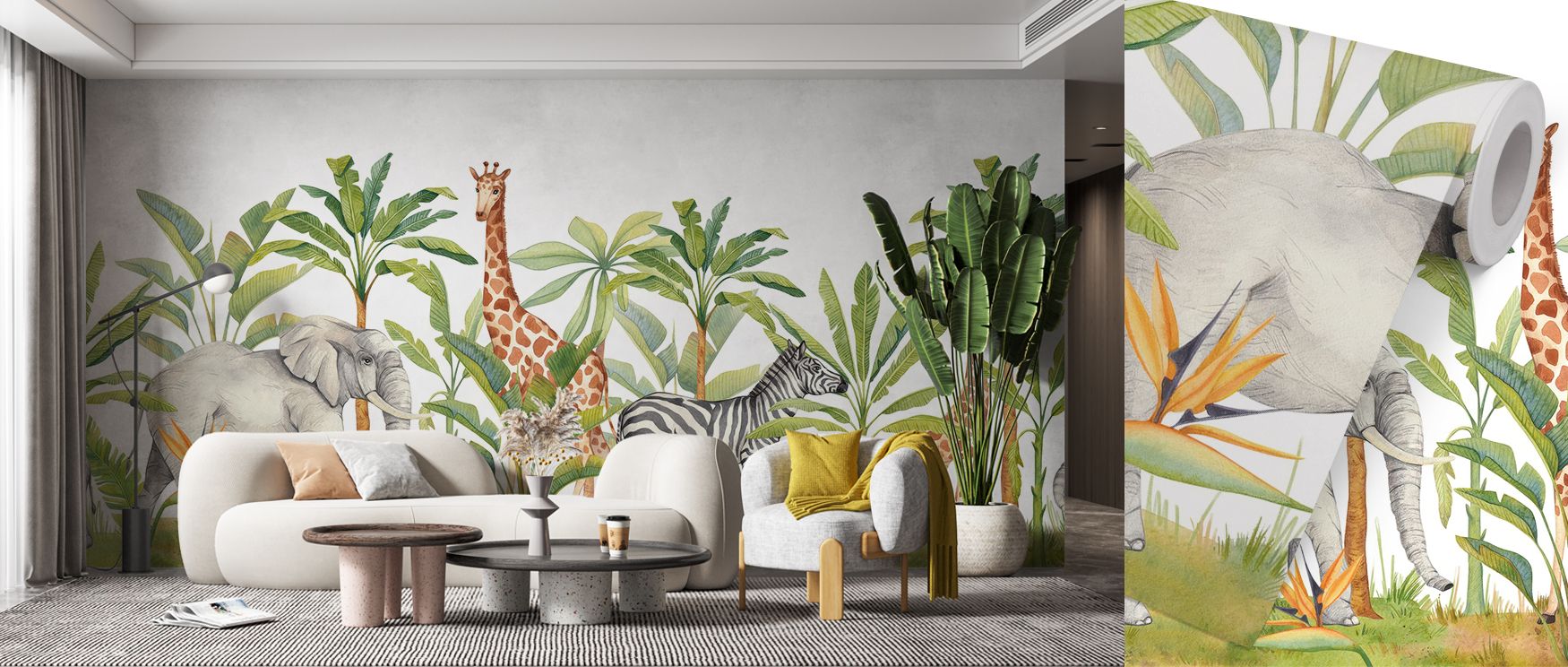 safari-themed-wallpaper-with-an-elephant-giraffe-and-zebra-among-tropical-plants-reflecting-popular-themes-for-teens-room-wallpapers Safari-themed wallpaper with an elephant, giraffe, and zebra among tropical plants, reflecting popular themes for teens room wallpapers.