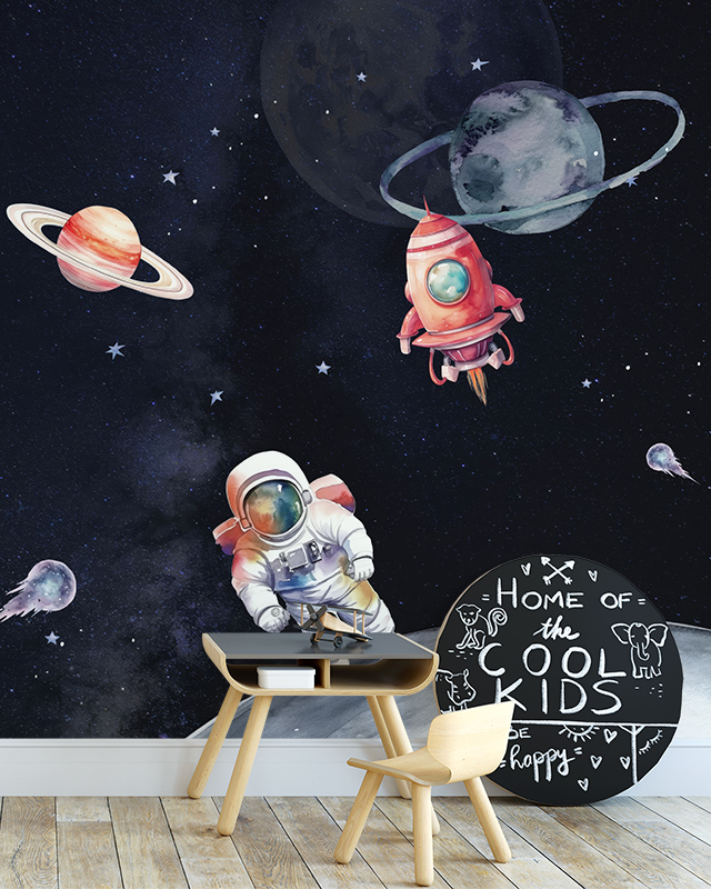 space-themed-boys-teens-room-wallpaper-featuring-an-astronaut-planets-and-rockets-against-a-starry-night-sky Space-themed boys teens room wallpaper featuring an astronaut, planets, and rockets against a starry night sky.