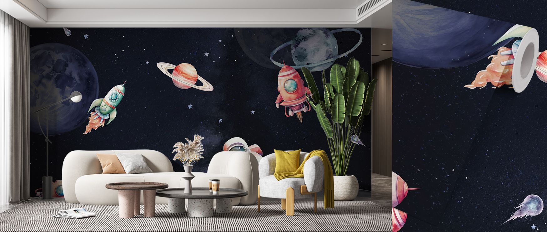 space-themed-wallpaper-with-rockets-and-planets-decorates-a-modern-living-room-illustrating-the-benefits-of-using-wallpaper-in-teens-room-design Space-themed wallpaper with rockets and planets decorates a modern living room, illustrating the benefits of using wallpaper in teens room design.