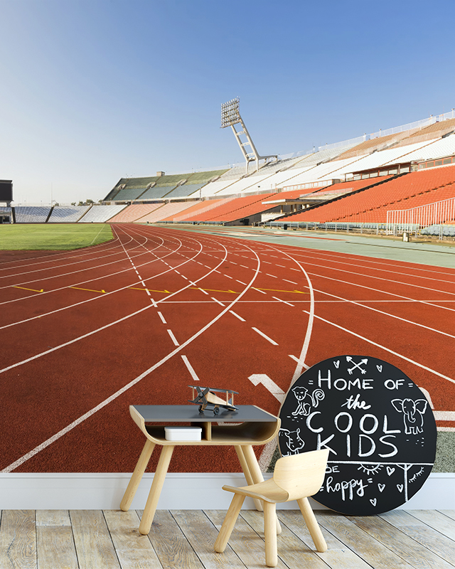 stadium-track-boys-teens-room-wallpaper-with-a-desk-chair-and-playful-home-of-the-cool-kids-decor Stadium track Boys Teens Room wallpaper with a desk, chair, and playful 'Home of the Cool Kids' decor.