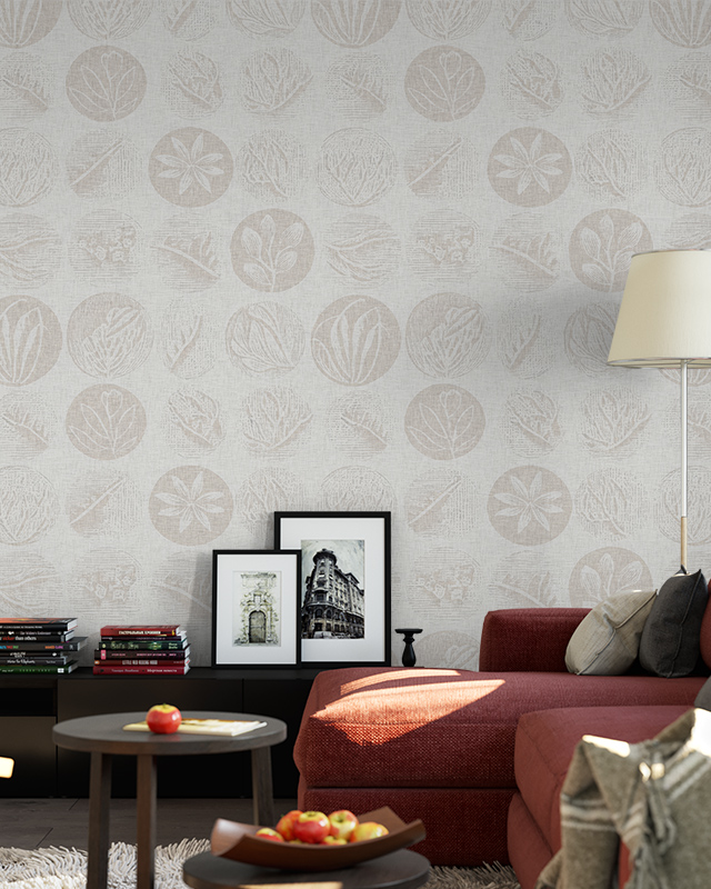 subtle-beige-wallpaper-with-circular-botanical-patterns-behind-a-red-sofa-ideal-peel-and-stick-office-wallpaper Subtle beige wallpaper with circular botanical patterns behind a red sofa. Ideal peel-and-stick office wallpaper.