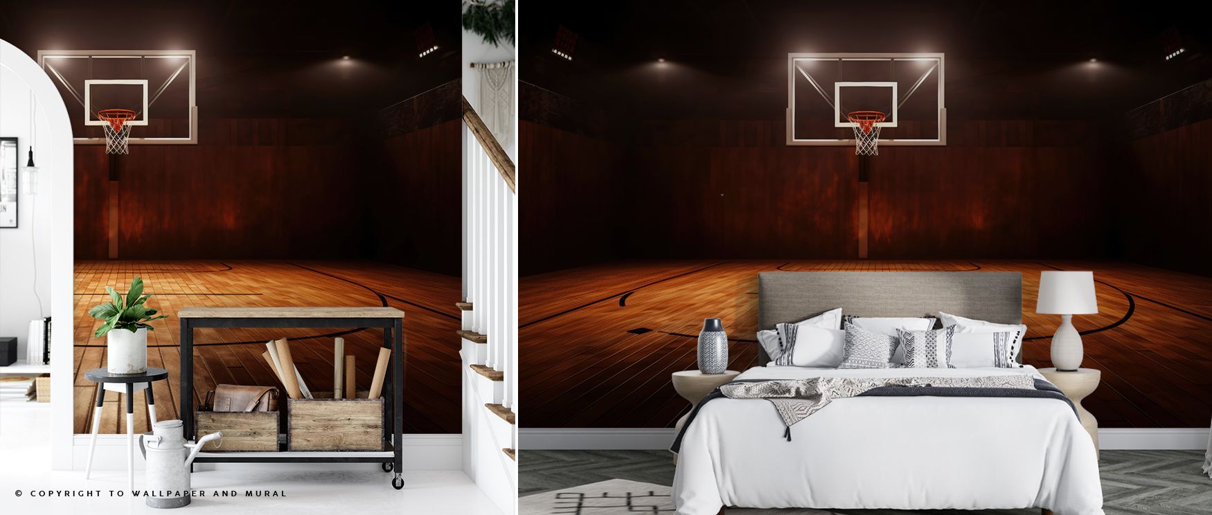 Teens room wallpaper trends featuring a basketball court scene, styled with modern decor and cozy furniture.
