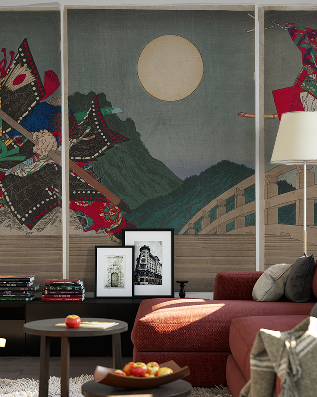 traditional-japanese-warrior-scene-mural-with-mountains-paired-with-modern-decor-in-japandi-monochrome-wallpaper-designs Traditional Japanese warrior scene mural with mountains, paired with modern decor in Japandi Monochrome Wallpaper Designs.