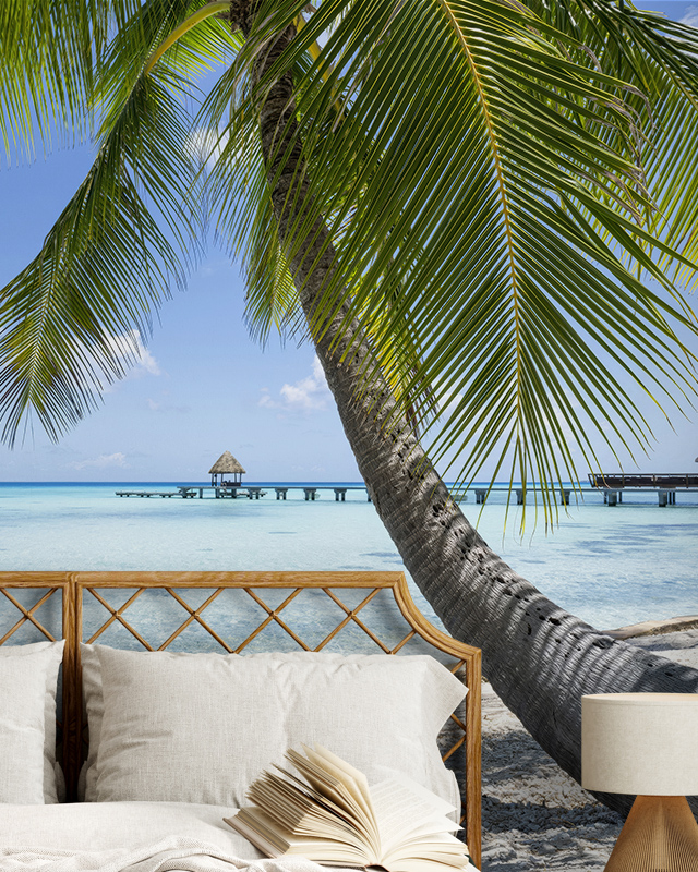tropical-beach-wallpaper-featuring-palm-tree-and-ocean-view-behind-a-bed-ideal-wallpaper-for-small-offices Tropical beach wallpaper featuring palm tree and ocean view behind a bed. Ideal wallpaper for small offices.