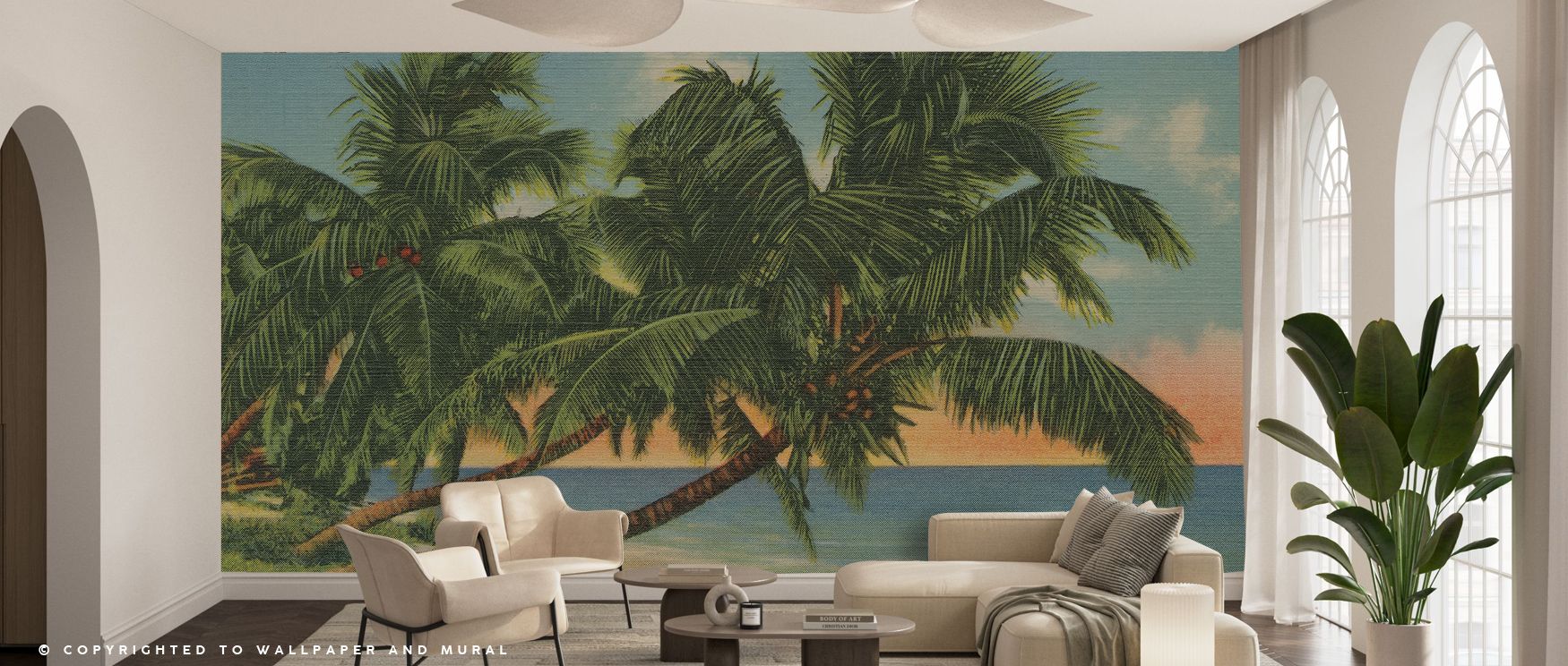 Tropical palm tree scene as vintage wallpaper for large spaces in a modern living room setting.
