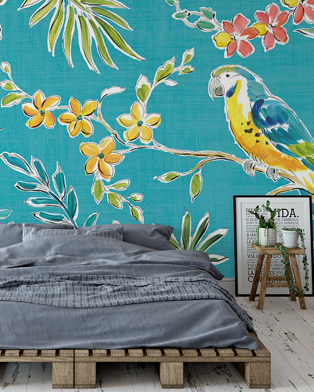 Tropical parrot-themed wallpaper on a vibrant teal background, complementing a cozy bedroom setup. Perfect for designing accent walls with teens room wallpaper.