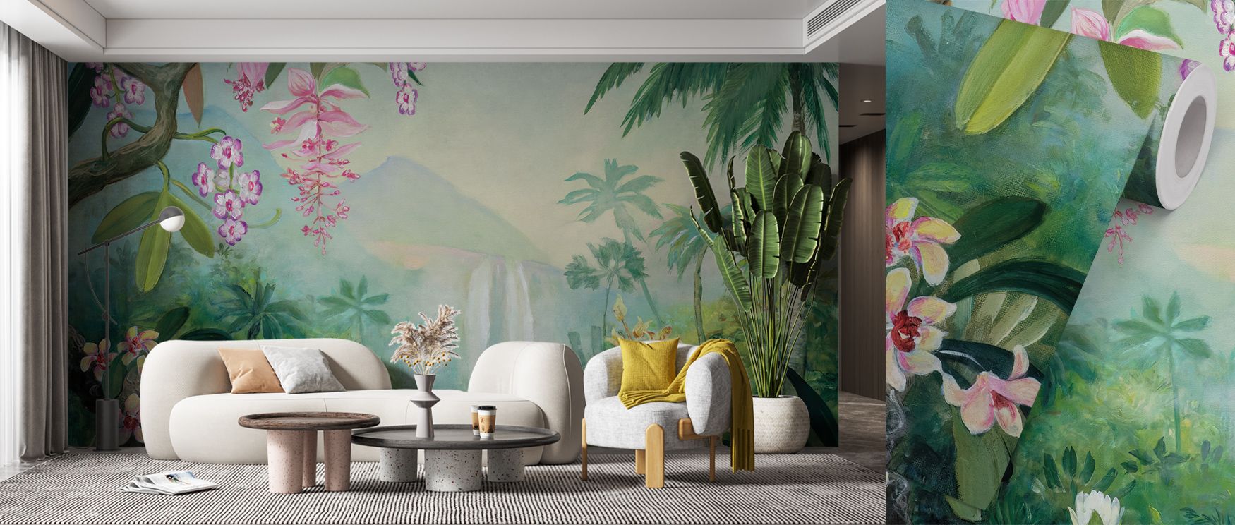 tropical-themed-wallpaper-with-lush-greenery-and-pink-flowers-complementing-modern-decor-reflects-popular-teens-room-wallpaper-trends Tropical-themed wallpaper with lush greenery and pink flowers, complementing modern decor, reflects popular teens room wallpaper trends.