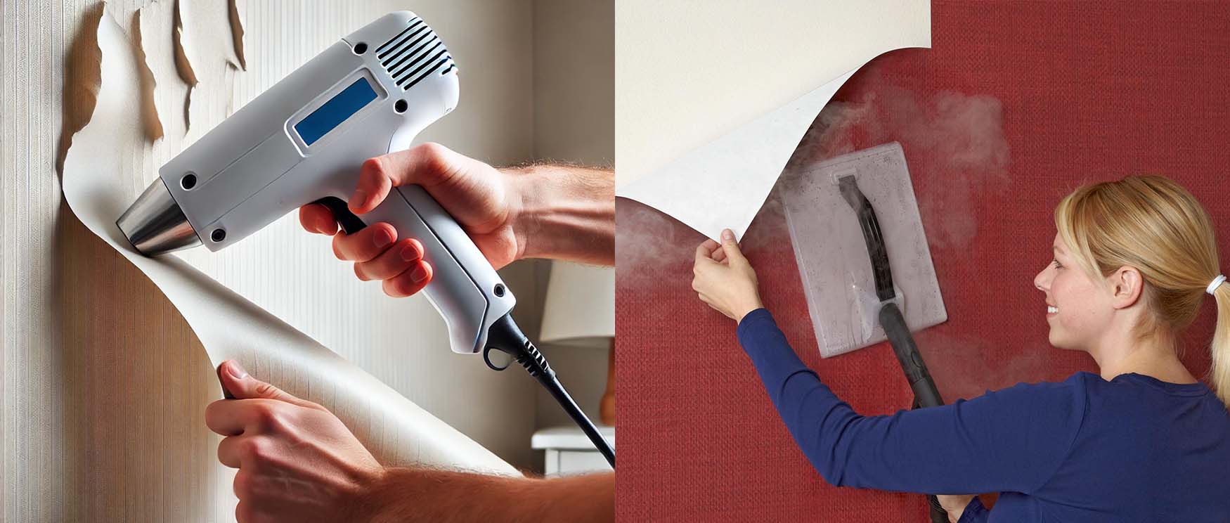 two-methods-are-being-used-to-remove-removable-wallpaper-a-heat-gun-on-the-left-and-a-steam-method-on-the-right Two methods are being used to remove removable wallpaper: a heat gun on the left and a steam method on the right.
