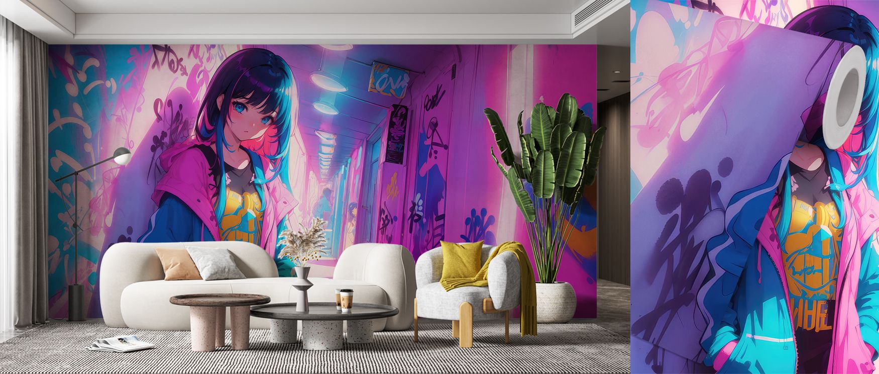 vibrant-anime-themed-wallpaper-in-a-living-room-showcasing-the-benefits-of-using-wallpaper-in-teens-rooms-for-personalization Vibrant anime-themed wallpaper in a living room, showcasing the benefits of using wallpaper in teens' rooms for personalization.