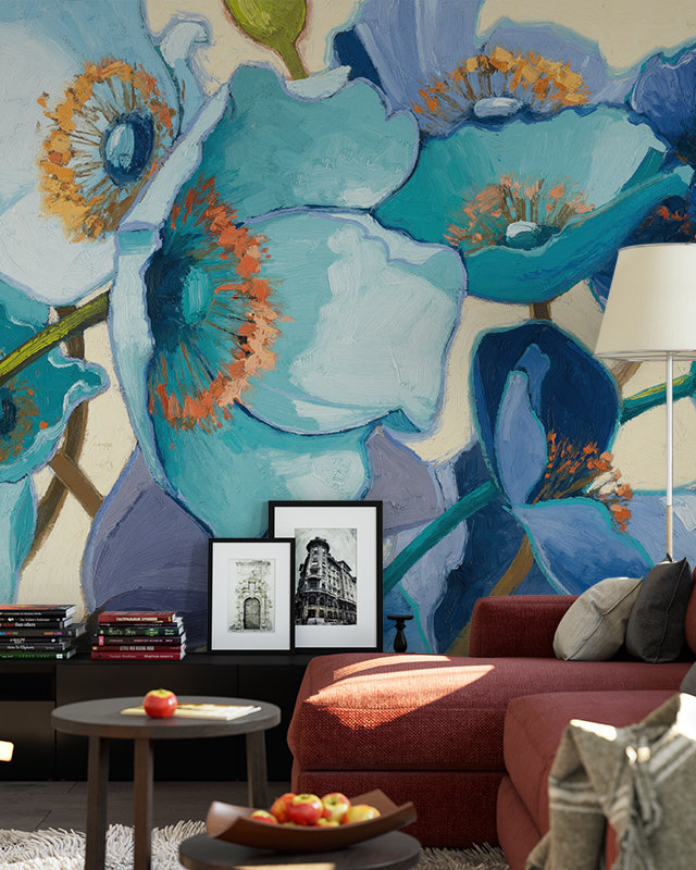 vibrant-blue-floral-peel-and-stick-wallpaper-behind-a-red-couch-showcases-bold-peel-and-stick-wallpaper-trends Vibrant blue floral peel and stick wallpaper behind a red couch showcases bold Peel and Stick Wallpaper trends.