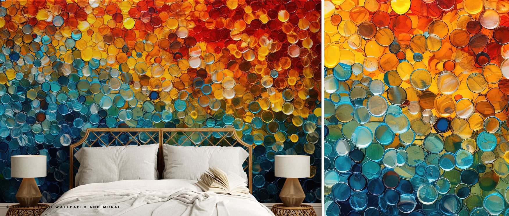 vibrant-colorful-bubble-patterned-peel-and-stick-wallpaper-for-rental-space-behind-a-bed-perfect-for-enhancing-decor Vibrant, colorful bubble-patterned peel and stick wallpaper for rental space behind a bed, perfect for enhancing decor.
