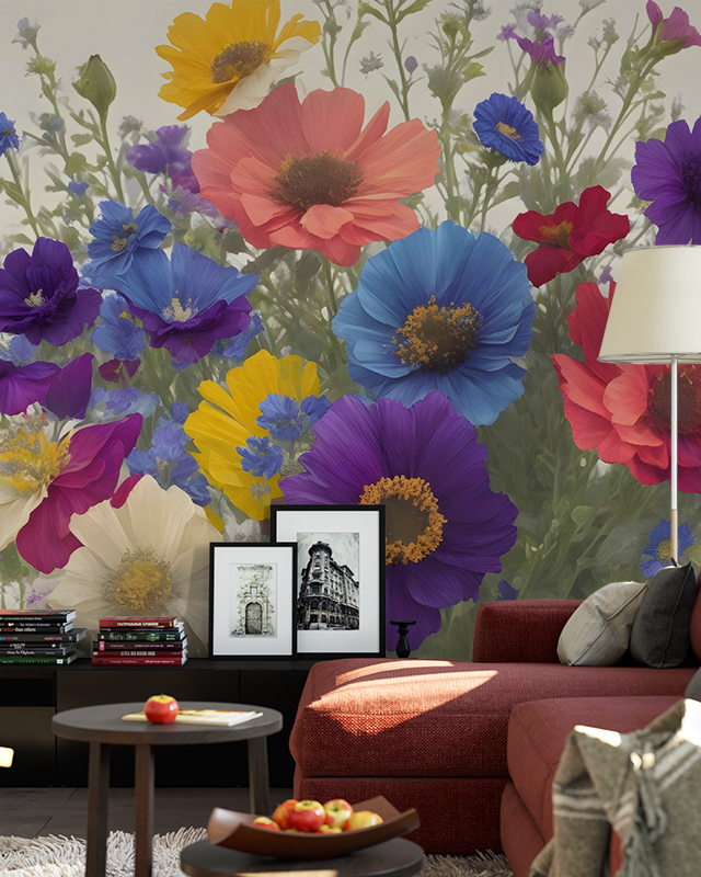 vibrant-floral-wallpaper-with-large-colorful-flowers-in-pink-blue-yellow-and-purple-behind-a-red-sofa-ideal-wallpaper-for-open-office-layouts Vibrant floral wallpaper with large colorful flowers in pink, blue, yellow, and purple behind a red sofa. Ideal wallpaper for open office layouts.