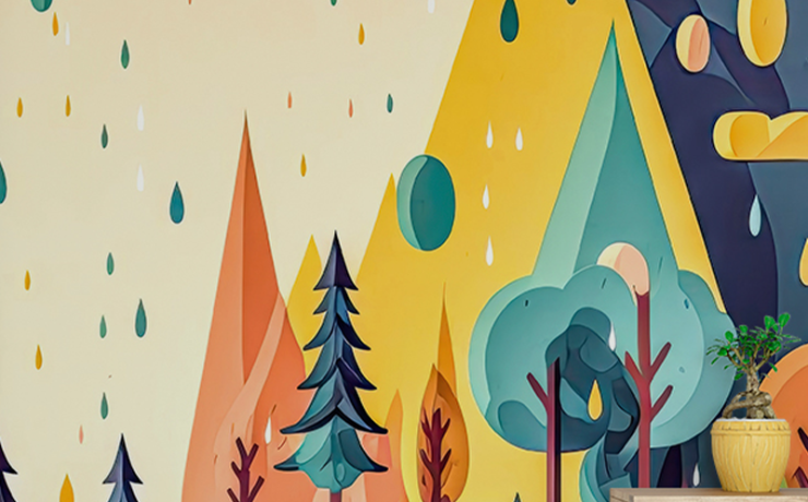 Vibrant landscape-themed wallpaper with colorful trees and raindrops, showcasing creative color schemes for teens room wallpaper.