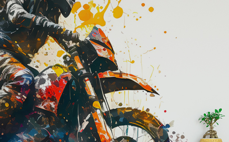 Vibrant motorbike artwork with splashes of color, ideal for boys teens room wallpaper with a dynamic theme.