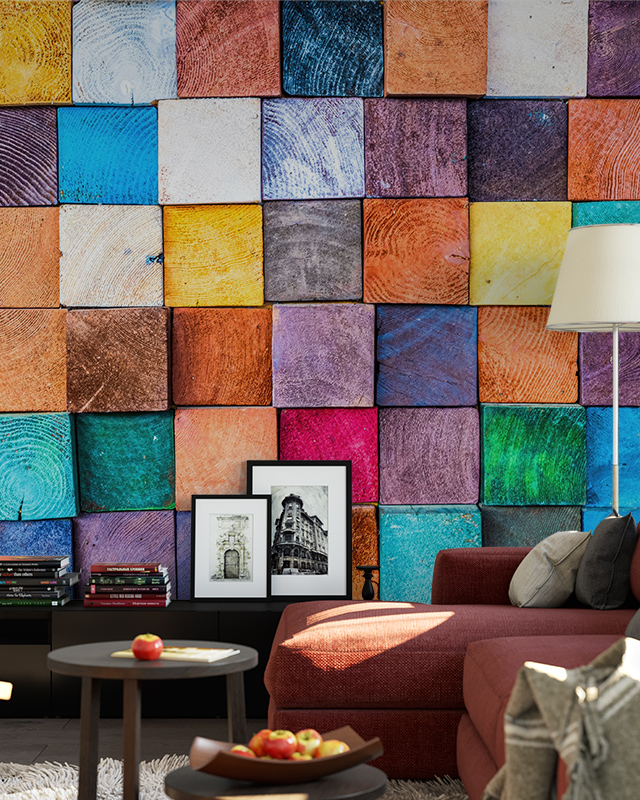 vibrant-square-patterned-wallpaper-in-various-colors-and-textures-behind-a-red-sofa-ideal-wallpaper-for-open-office-layouts Vibrant square-patterned wallpaper in various colors and textures behind a red sofa. Ideal wallpaper for open office layouts.