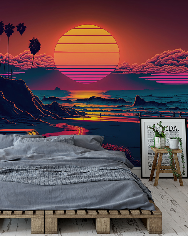 Vibrant sunset beach-themed wallpaper featuring a glowing sun and palm trees, ideal for designing accent walls with teens room wallpaper.