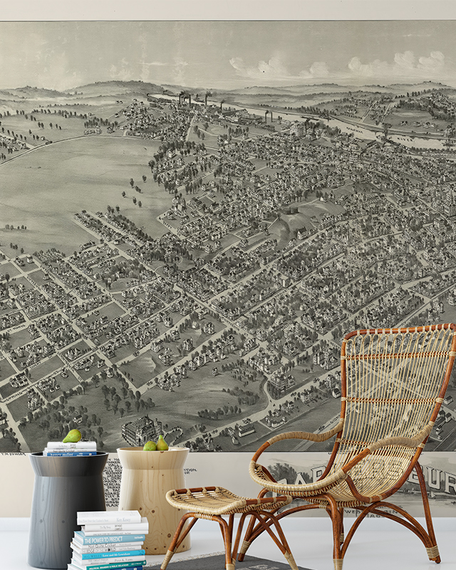 Vintage Wallpaper for Accent Walls featuring a detailed aerial map, with a wicker chair and side tables in front.