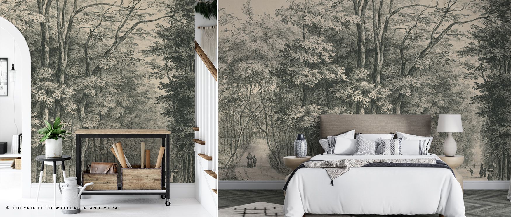 Vintage Wallpaper for Accent Walls featuring a detailed forest scene, complemented by rustic decor and a cozy bedroom setup.