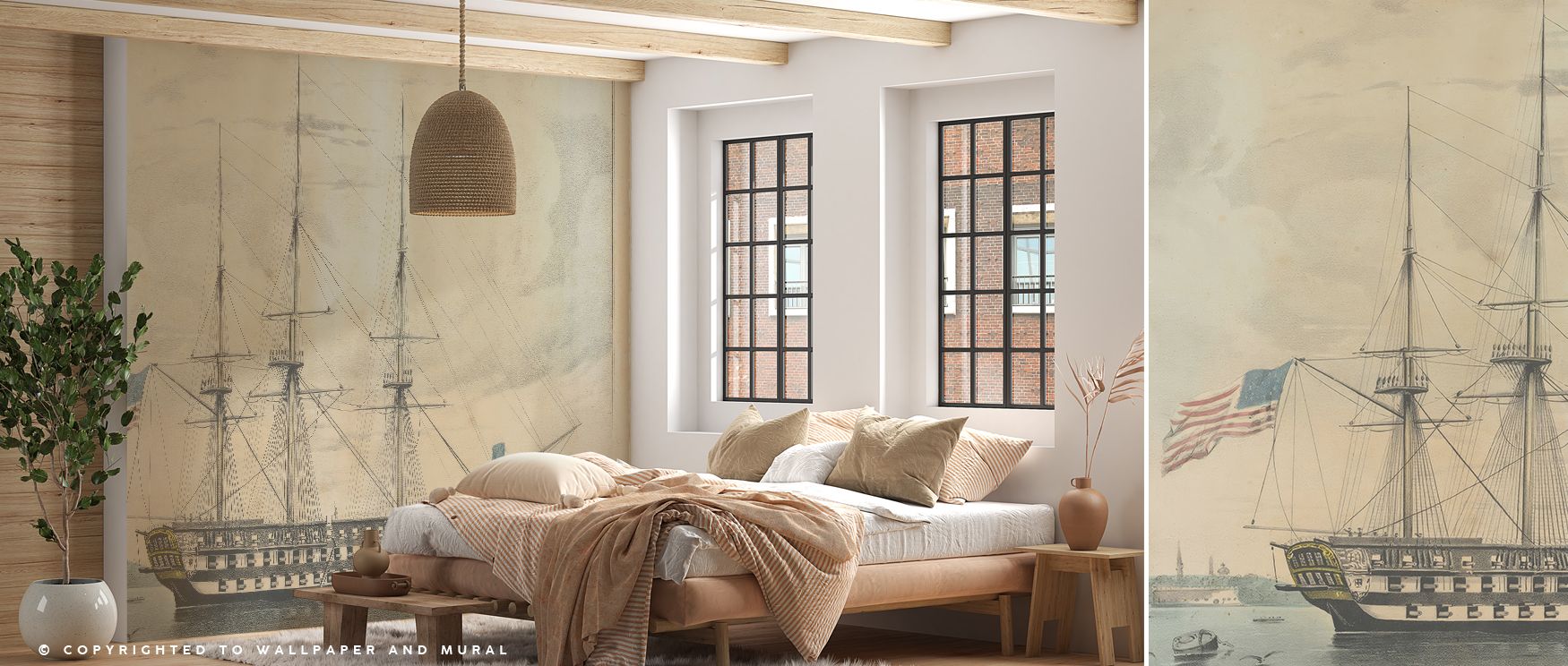 Vintage Wallpaper for Accent Walls featuring a detailed ship illustration, complemented by a cozy, minimalist bedroom setup with neutral tones.