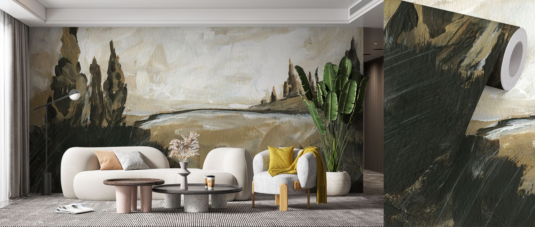 Vintage Wallpaper for Accent Walls featuring a landscape painting with abstract trees, paired with a modern, minimalist living room setup.