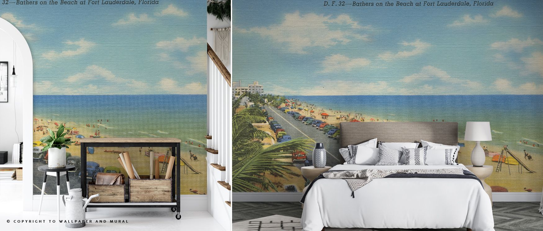 Vintage Wallpaper for Accent Walls featuring a scenic beach view of Fort Lauderdale with colorful umbrellas and cars.