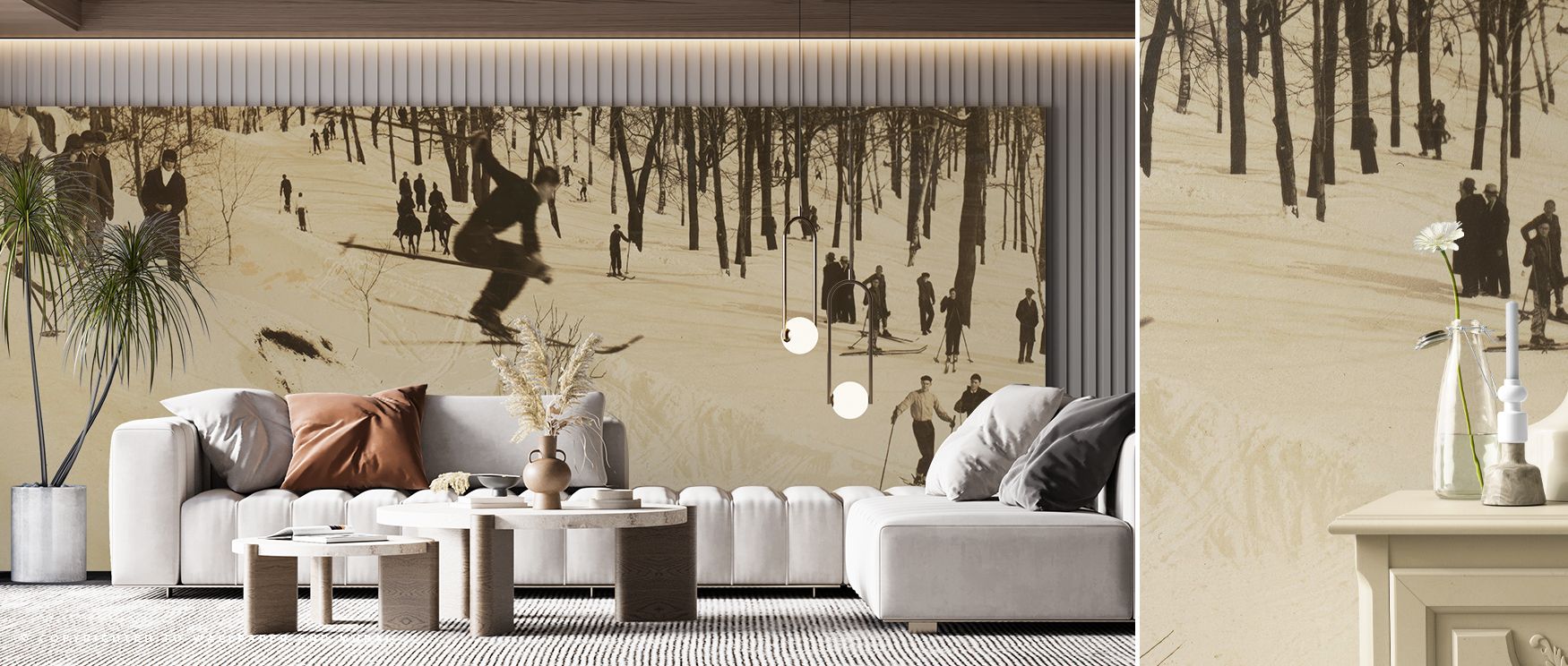 Vintage Wallpaper for Accent Walls featuring a winter skiing scene, complemented by a modern white sofa and coffee table.