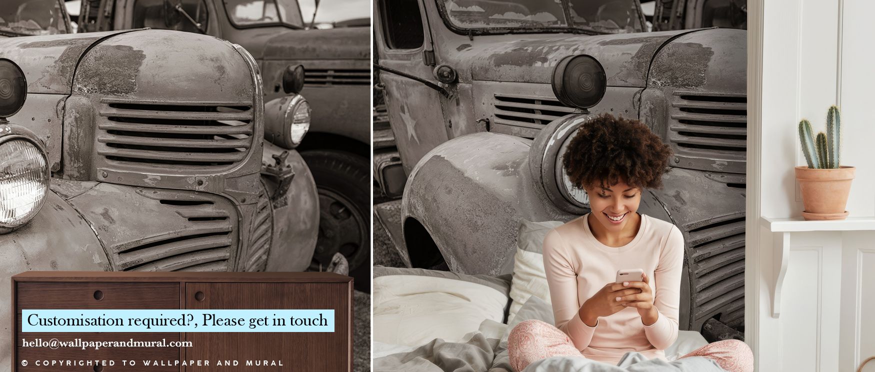 Vintage Wallpaper for Accent Walls featuring an old rusted truck, paired with a modern wood cabinet and cozy bed.