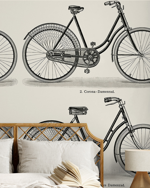 Vintage Wallpaper for Accent Walls featuring detailed black-and-white bicycle illustrations with a wicker bed and open book in front.