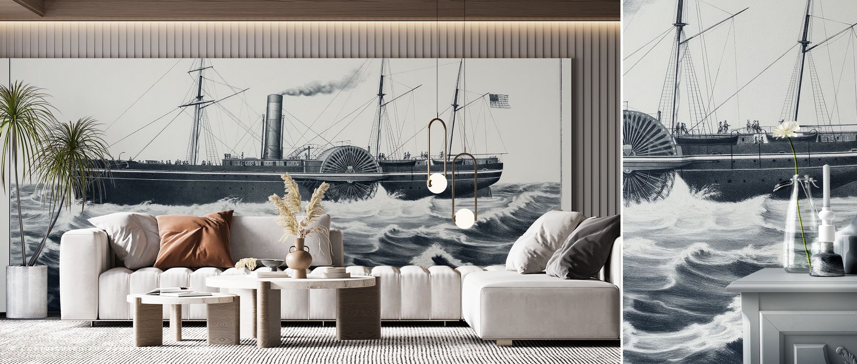 Vintage Wallpaper for Accent Walls showcasing a detailed black-and-white illustration of a steamship, complemented by modern furniture.