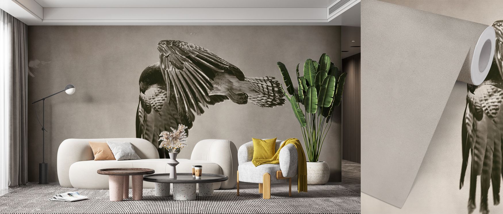 vintage-wallpaper-for-large-spaces-featuring-a-detailed-black-and-white-hawk-illustration-complemented-by-modern-neutral-furniture Vintage wallpaper for large spaces featuring a detailed black-and-white hawk illustration, complemented by modern neutral furniture.